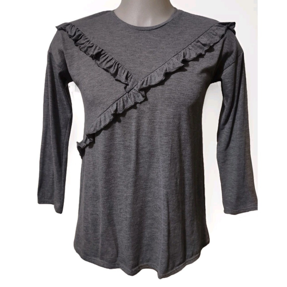 Signature Studio Long Sleeve T-Shirt Juniors Size XL Round Neck Ruffle  Charcoal